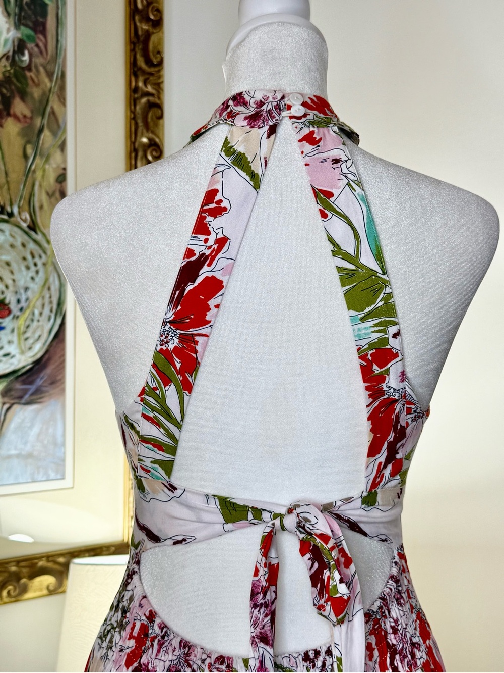 Abel The Label Dress S Floral Halter Open Back Maxi Boho Resort Slit Crochet - Picture 7 of 9